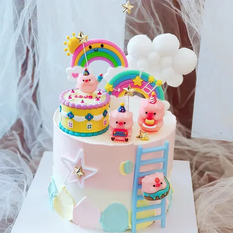 Cartoon Pig Cake Topper Set Rainbow Rabbit Heart Star Soft Rubber Cake Decorations For Kids Birthday Party Baking Supplies