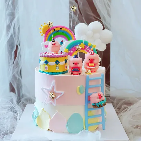 Cartoon Pig Cake Topper Set Rainbow Rabbit Heart Star Soft Rubber Cake Decorations For Kids Birthday Party Baking Supplies