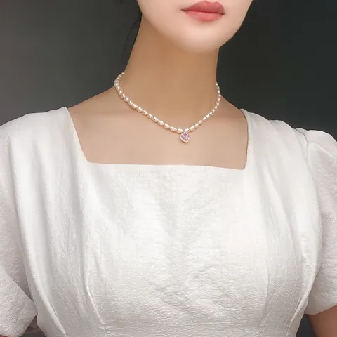 Koreanische Vintage Süßwasserperlen Halskette Für Damen Legierung Strass Anhänger Herz Wassertropfen Quadrat Form Choker Schlüsselbeinkette Schmuck