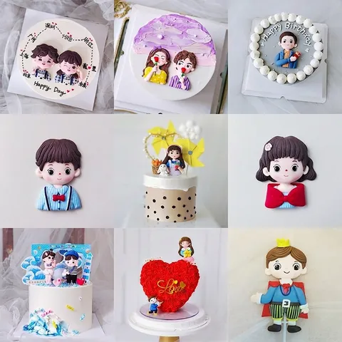 Hand-Molded Soft Clay Cartoon Character Cake Topper Cute Boy Girl Prince Princess Birthday Valentine's Day Cake Decoration Plugin