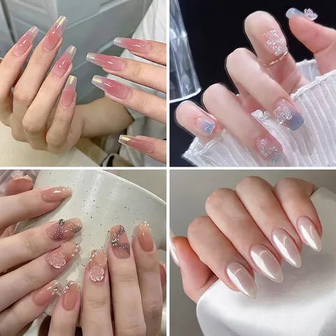 French Sweet Gradient Glitter Press On Nails Artificial Nails Glue On Full Cover Manicure For Women Fashion Nail Art