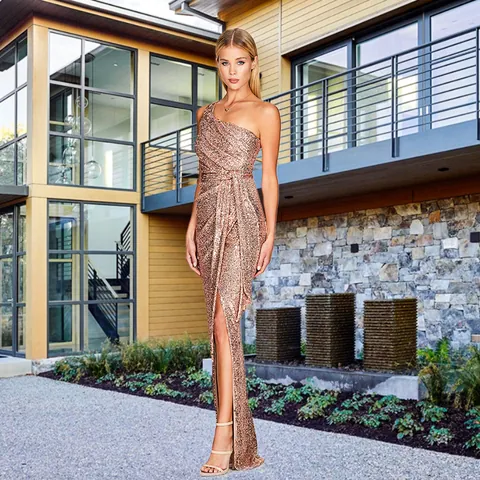 One-Shoulder Sequin Maxi Dress For Women Sexy High Slit Evening Gown Pleated Waist With Sash Formal Party Wedding Guest Dress