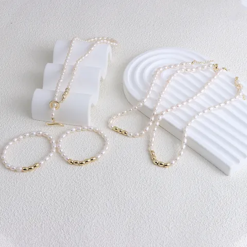 Freshwater Pearl Gold Metal Beads Necklace Bracelet For Women Minimalist High-end Commute INS Style Handmade Jewelry Gift
