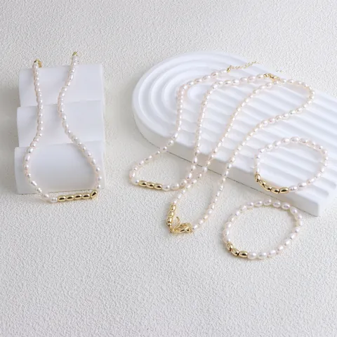 Freshwater Pearl Gold Metal Beads Necklace Bracelet For Women Minimalist High-end Commute INS Style Handmade Jewelry Gift