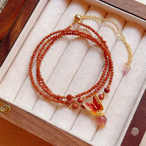 Bijoux Collier Bracelet en Perles Quartz Fraise Pierre Sable Doré Facetté Laminé d'Or 14k avec Pendentif Papillon Femmes