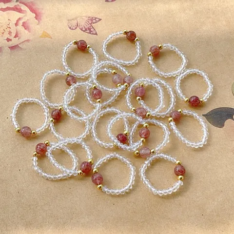 Natürlicher Erdbeerquarz Österreichischer Kristall Perlen Stretch Ring Handgefertigter Elastischer Stein Fingerschmuck Damen Rosa Klar