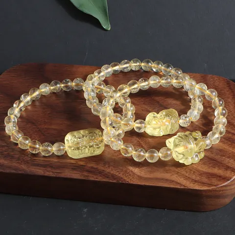Natural Citrine Lemon Quartz Beaded Bracelet Nine-Tailed Fox Pixiu Carved Charms Handmade Ethnic Style Jewelry For Men Women