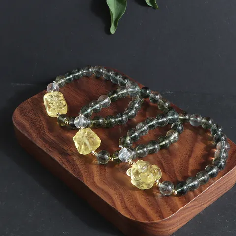 New Chinese Style Green Phantom Quartz Citrine Lion Dance Bracelet Handmade Crystal Beads Floral Charm Bracelet For Men Women Jewelry