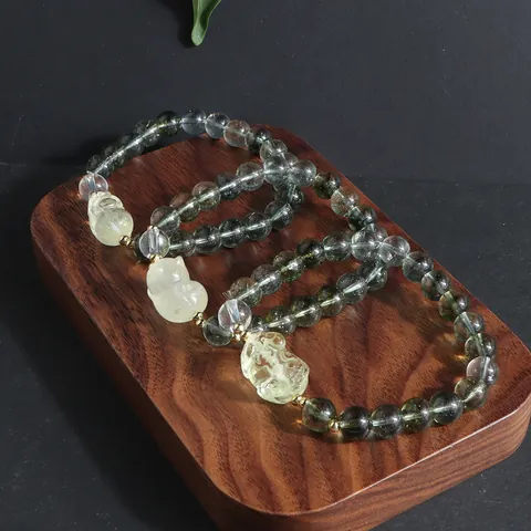 New Chinese Style Green Phantom Quartz Citrine Lion Dance Bracelet Handmade Crystal Beads Floral Charm Bracelet For Men Women Jewelry