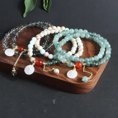Pulsera de Cuentas de Piedra Natural Estilo Chino Vintage Pulsera de Cristal de Varios Hilos Con Colgante de Hebilla de Paz Joyería Étnica para Mujeres Hombres
