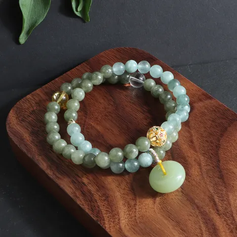 Neu Chinesischer Stil Doppelwickel Perlenarmband Grün Kristall Jadeit Sicherheits-Schnalle Anhänger Gold Hohlperle Ethno Schmuck Damen
