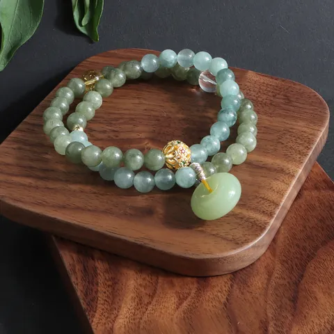 Neu Chinesischer Stil Doppelwickel Perlenarmband Grün Kristall Jadeit Sicherheits-Schnalle Anhänger Gold Hohlperle Ethno Schmuck Damen