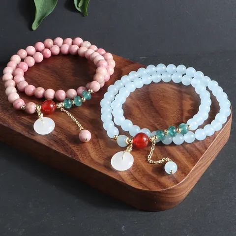 Pulsera de Cuentas de Piedra Natural Estilo Chino Vintage Pulsera de Cristal de Varios Hilos Con Colgante de Hebilla de Paz Joyería Étnica para Mujeres Hombres