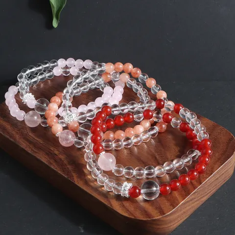 Natural Stone Double Strand Crystal Bracelet Rose Quartz Tiger Eye Moonstone Sunstone Obsidian Beads Retro Handmade Jewelry