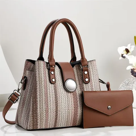 Women Fashion Woven Texture PU Leather Handbag Large Capacity Shoulder Bag Versatile Crossbody Tote Bag With Matching Pouch