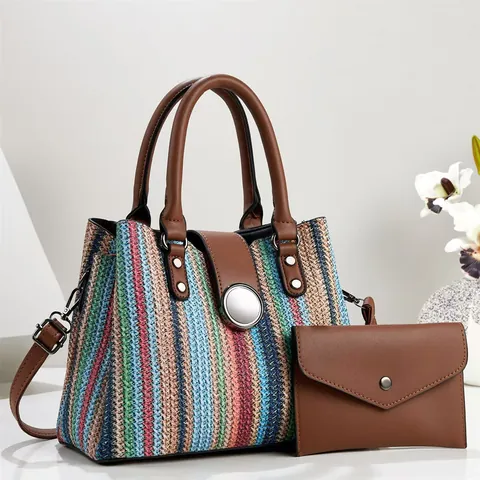 Women Fashion Woven Texture PU Leather Handbag Large Capacity Shoulder Bag Versatile Crossbody Tote Bag With Matching Pouch