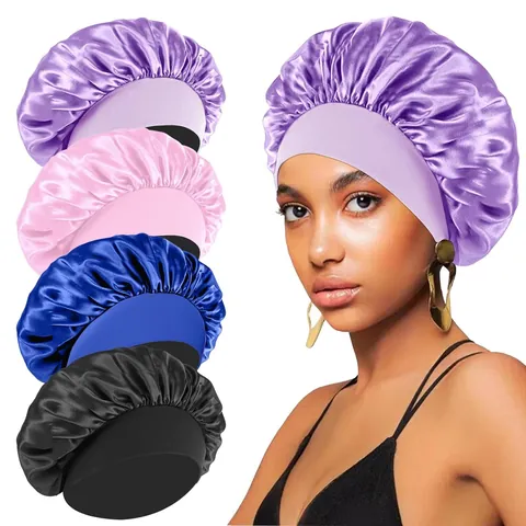 Gorro de Dormir de Satén para Mujeres Hombres Sensación de Seda Envoltura de Cabello Banda Elástica Ancha Gorro de Noche para Cuidado del Cabello