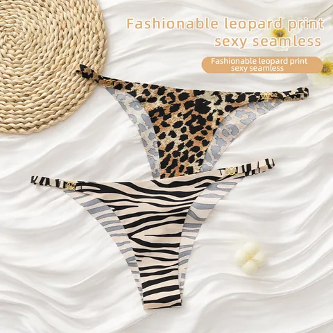 Tanga Sin Costuras Sexy Estampado de Leopardo Cebra Seda de Hielo Cintura Baja Bragas G-String Con Anillo de Metal Entrepierna de Algodón