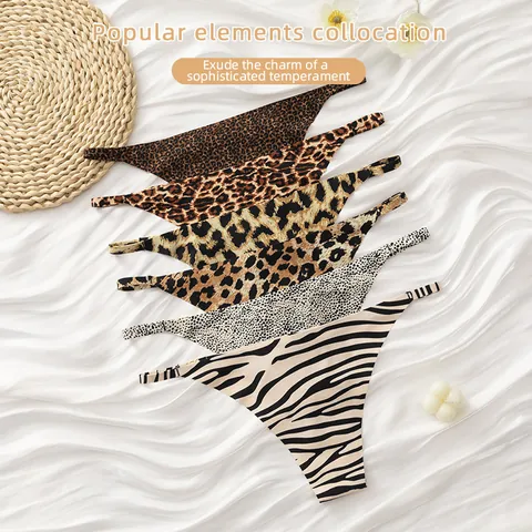 Tanga Sin Costuras Sexy Estampado de Leopardo Cebra Seda de Hielo Cintura Baja Bragas G-String Con Anillo de Metal Entrepierna de Algodón