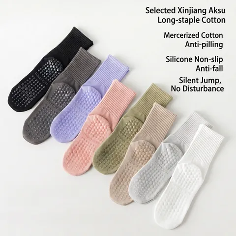 Women Anti-Slip Yoga Socks 95% Cotton Seamless Toe Crew Socks With Silicone Grips For Pilates Dance Floor Fitness Sporty
