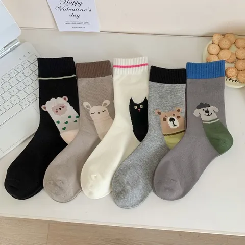 Women's Cute Cartoon Animal Illustration Mid-calf Socks Cotton Blend Korean Style INS Fashion Socks