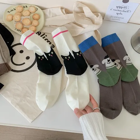 Women's Cute Cartoon Animal Illustration Mid-calf Socks Cotton Blend Korean Style INS Fashion Socks