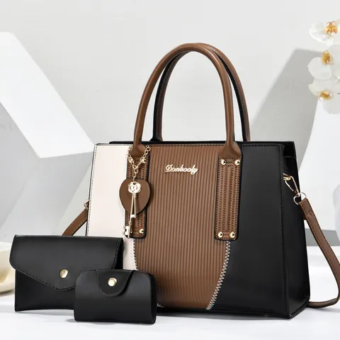 Dames PU Synthetisch Leer Contrast Kleur Handtas Set Top Handle Tas Crossbody Schoudertas Mode Casual Tas