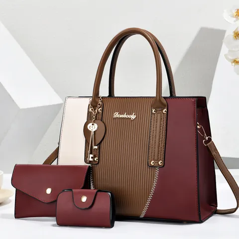 Dames PU Synthetisch Leer Contrast Kleur Handtas Set Top Handle Tas Crossbody Schoudertas Mode Casual Tas