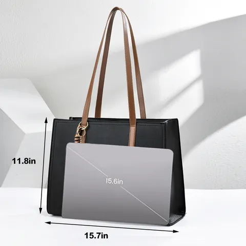 Large Capacity Women Laptop Tote Bag Simple Daily PU Leather Pebble Grain Shoulder Bag With Bear Pendant Computer Bag For Women
