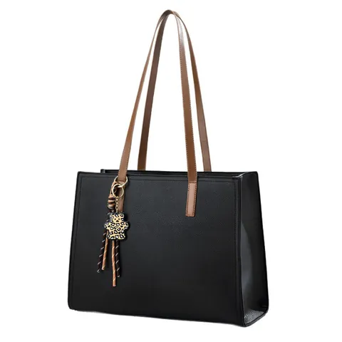 Large Capacity Women Laptop Tote Bag Simple Daily PU Leather Pebble Grain Shoulder Bag With Bear Pendant Computer Bag For Women