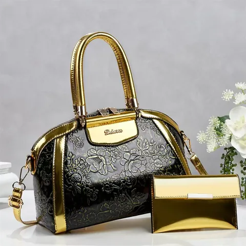 Women Fashion 2 Piece Tote Bag Set Floral Embossed Patent Leather Handbag With Matching Wallet Shoulder Crossbody Bag Daily