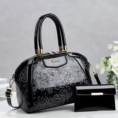 Women Fashion 2 Piece Tote Bag Set Floral Embossed Patent Leather Handbag With Matching Wallet Shoulder Crossbody Bag Daily
