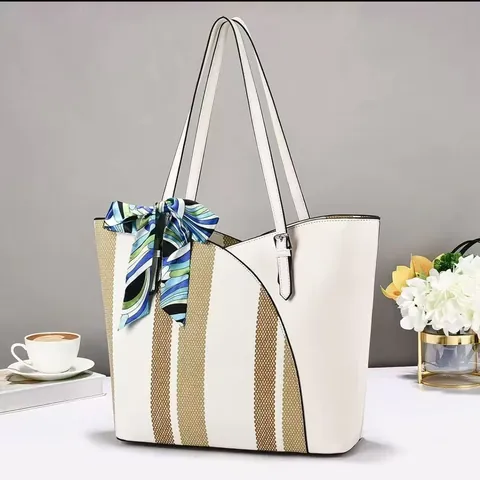 Women Fashion Colorblock Tote Bag Large Capacity PU Leather Striped Shoulder Bag With Decorative Scarf Daily Casual Handbag
