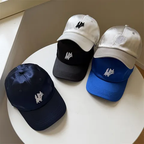 Cat Embroidered Baseball Cap For Women Men Satin Luster Large Brim Polyester Adjustable Fashion Casual Sun Protection Hat