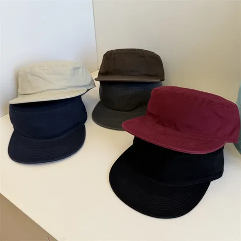 Vintage Solid Color Cadet Cap For Women Men Retro Flat Top Military Hat Adjustable Minimalist Sun Protection Casual Fashion Cap