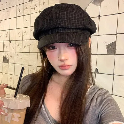 Vintage Plaid Newsboy Cap For Women Korean Style Octagonal Painter Hat Retro Baker Boy Hat Elegant Checkered Sunshade Hat