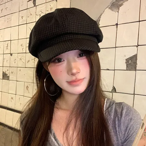 Vintage Plaid Newsboy Cap For Women Korean Style Octagonal Painter Hat Retro Baker Boy Hat Elegant Checkered Sunshade Hat