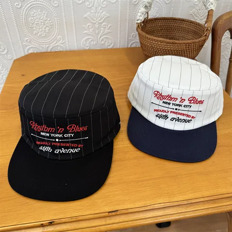 American Vintage Striped Flat Top Baseball Cap With Letter Embroidery Adjustable Unisex Streetwear Military Hat Sun Protection Casual Headwear