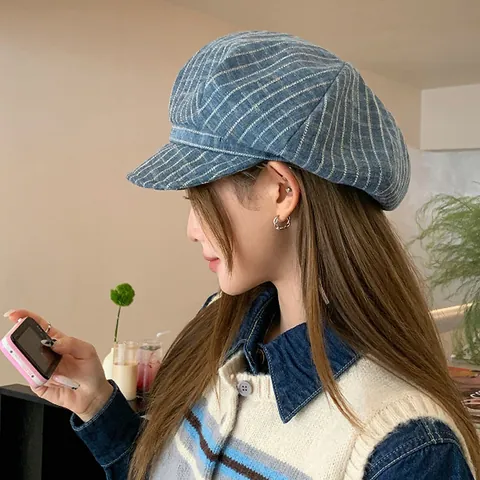 Vintage Gestreift Achteckige Mütze Koreanischen Stil Newsboy Cap Für Damen Frühling Sommer Atmungsaktiv Barett Baker Boy Hut Verstellbar