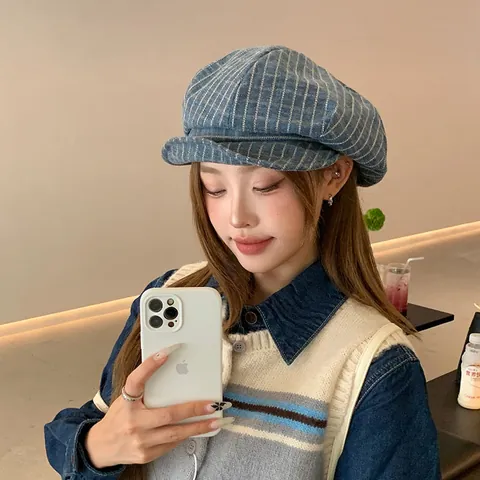 Vintage Gestreift Achteckige Mütze Koreanischen Stil Newsboy Cap Für Damen Frühling Sommer Atmungsaktiv Barett Baker Boy Hut Verstellbar