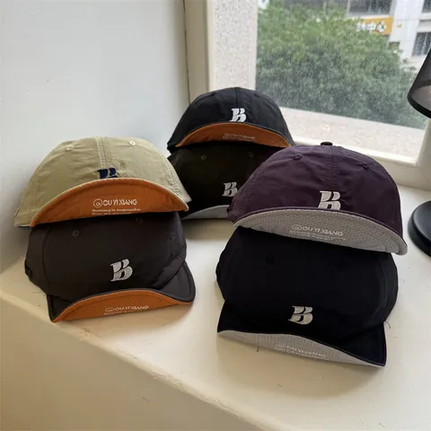 Fast Drying Short Brim Baseball Cap Embroidered Letter B Flat Top Sun Hat Adjustable Summer Sport Headwear Adults Kids