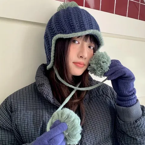 Women Korean Style Color Block Knitted Ear Flap Hat Winter Warm Pompom Beanie Lei Feng Cap Outdoor Windproof Thick Knit Hat