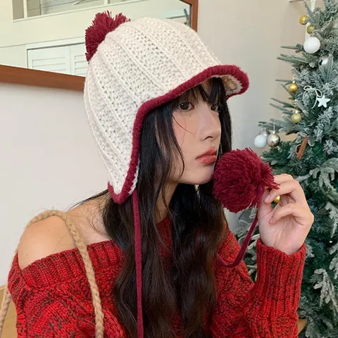 Women Korean Style Color Block Knitted Ear Flap Hat Winter Warm Pompom Beanie Lei Feng Cap Outdoor Windproof Thick Knit Hat