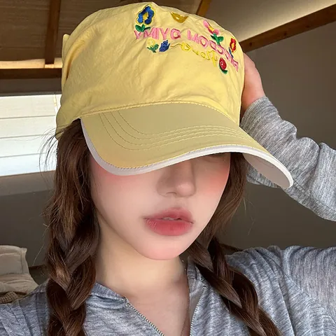 Women Embroidered Wide Brim Headscarf Baseball Cap Korean Style Floral Scarf Sun Hat Breathable Outdoor Sunshade Cap
