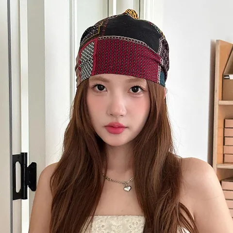 Vintage Patchwork Beanie For Women Floral Plaid Print Turban Hat Adjustable Straps Casual Slouchy Headwear Chic Boho Cap