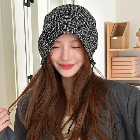 Women Vintage Plaid Lace-Up Beanie Hat Korean Style Breathable Lightweight Turban Slouchy Cap Soft Polyester Knit Skullcap