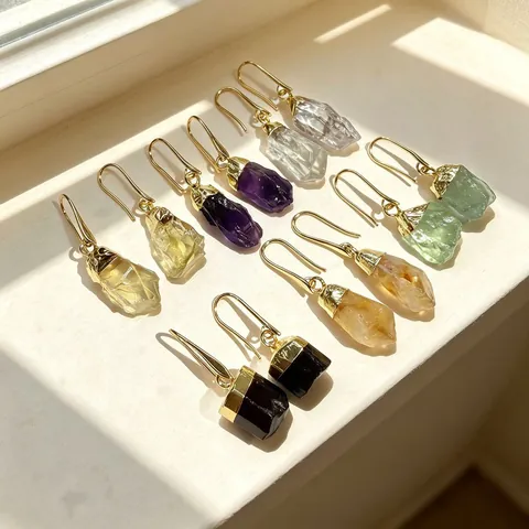 Natural Amethyst Citrine Fluorite Lemon Quartz Black Tourmaline Raw Stone Dangle Earrings Gold Plated Copper Earrings For Women