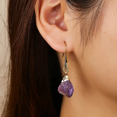 Natural Amethyst Citrine Fluorite Lemon Quartz Black Tourmaline Raw Stone Dangle Earrings Gold Plated Copper Earrings For Women