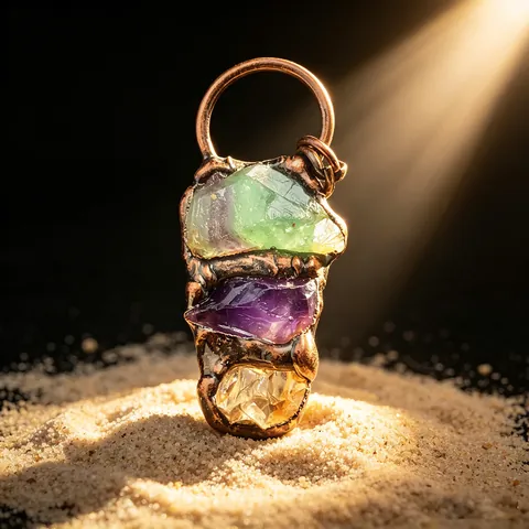 Vintage Natural Amethyst Green Fluorite Citrine Raw Stone Irregular Pendant Necklace Electroplated Antique Bronze Jewelry Gift