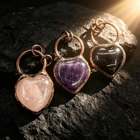 Collier Pendentif Cœur en Cristal Vintage Bohême Alliage de Bronze Enveloppé Quartz Rose Améthyste Pierre Naturelle Bijoux Femme